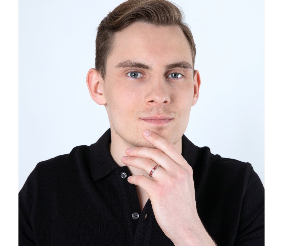 Ring in Sterling Silver with Shema Yisrael on Red Enamel Band – English and Hebrew