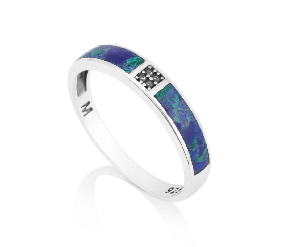 Ring of Sterling Silver with Green-Blue Eilat Stone and Diamond-Decorated Stripe
