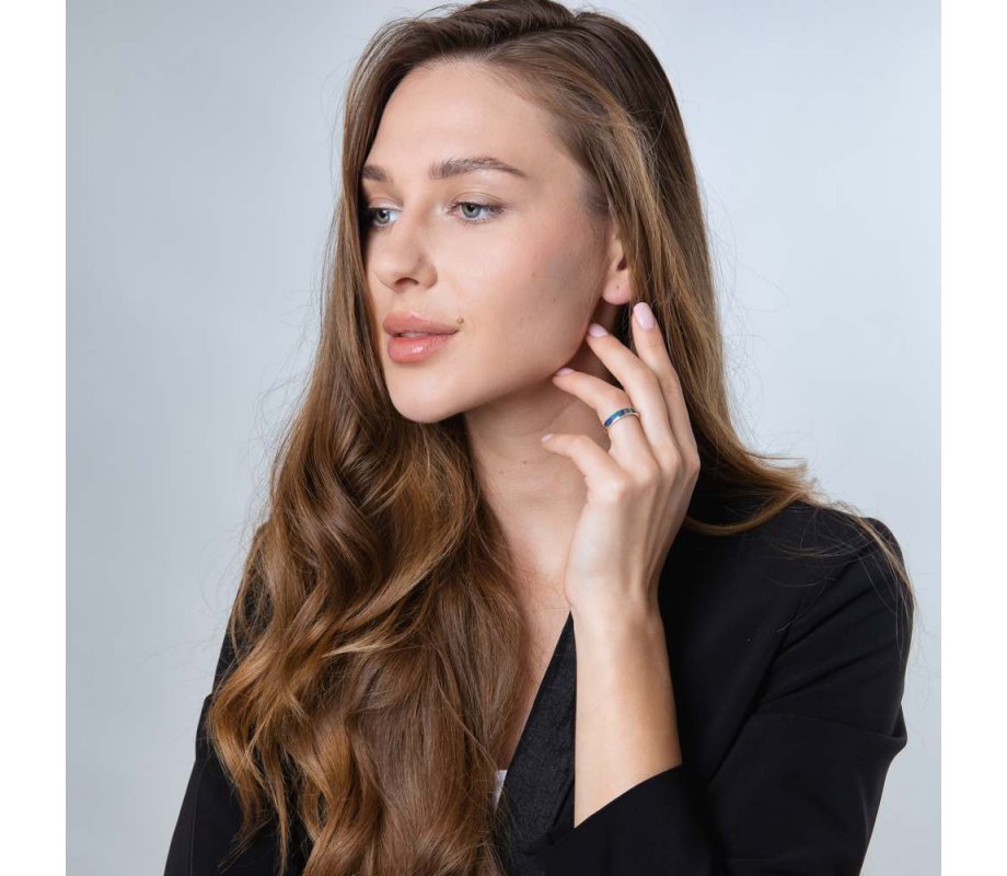 Ring of Sterling Silver with Green-Blue Eilat Stone and Diamond-Decorated Stripe