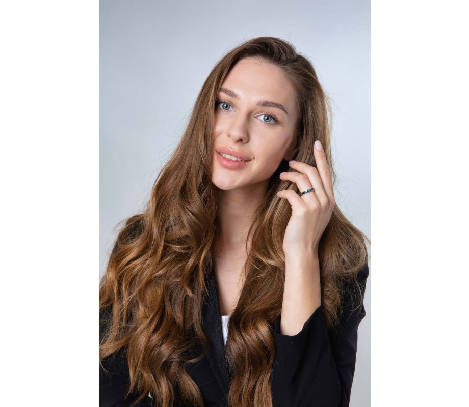 Ring of Sterling Silver with Green-Blue Eilat Stone and Diamond-Decorated Stripe