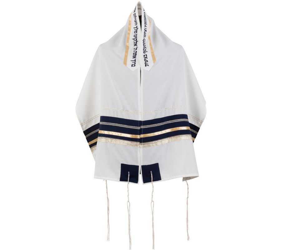 Ronit Gur White Tallit Set with Black and Gold Stripes