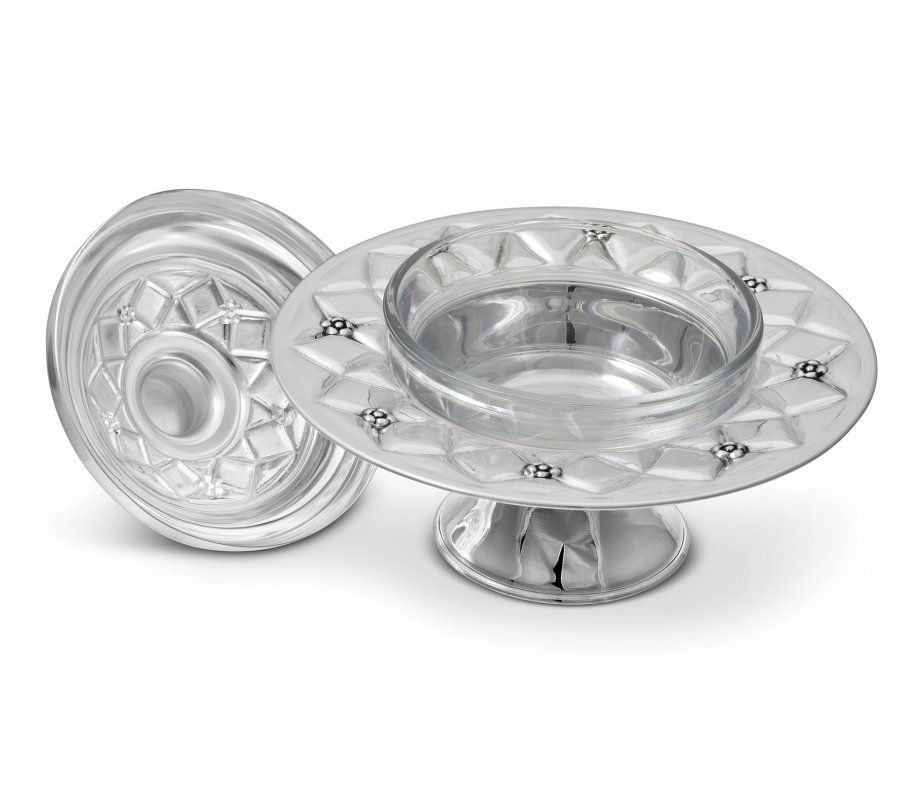 Rosh Hashanah Honey Dish on Pedestal with Diamond Design - 925 Sterling Silver