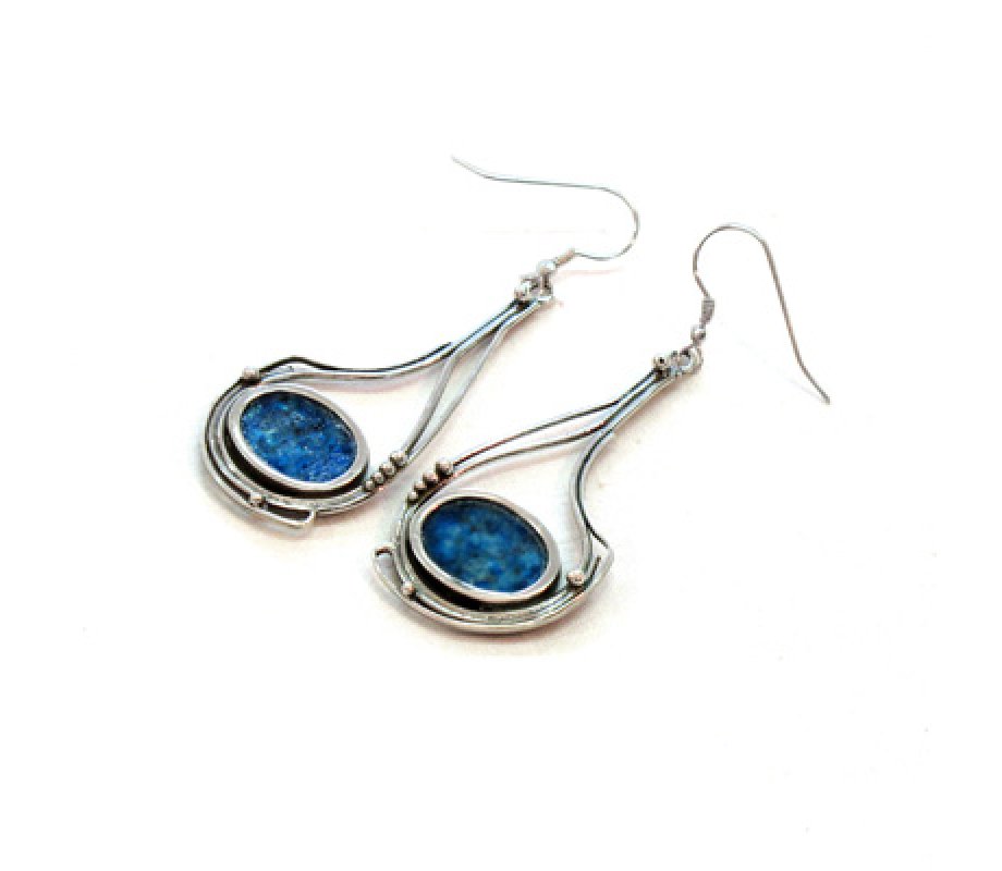 Round Roman Glass Set Inside Sterling Silver Dangle Hoop Earrings - Michal Kirat