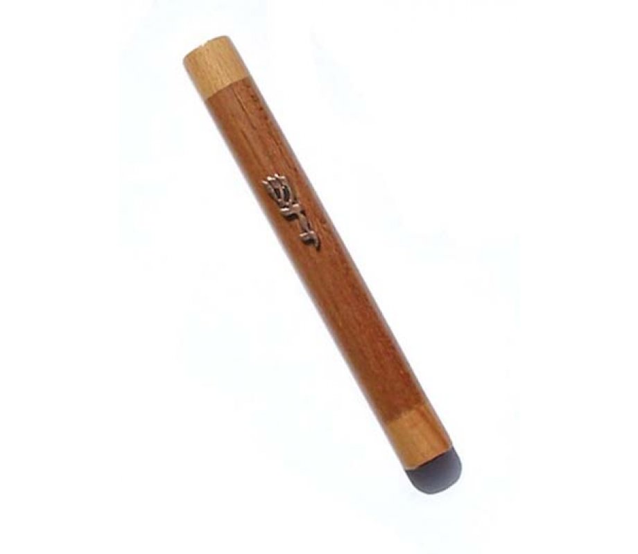 Rounded Mezuzah Case, Two Tone Brown Wood with Divine Name in Bronze Pewter