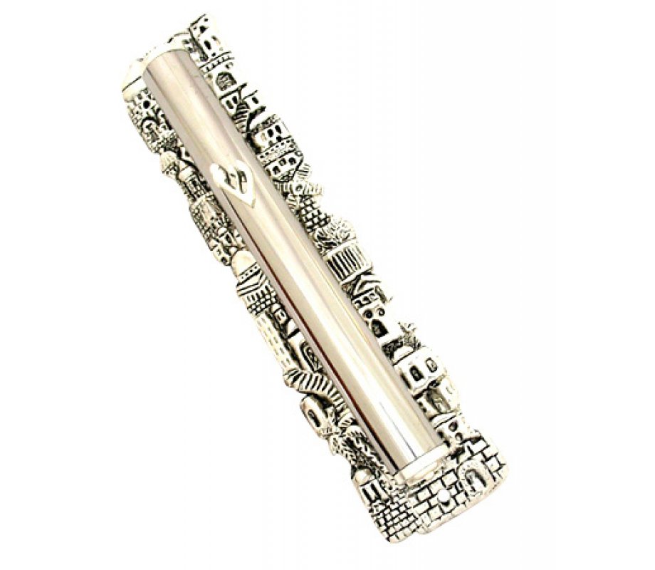 Rounded Silver Plate Jerusalem Mezuzah Case