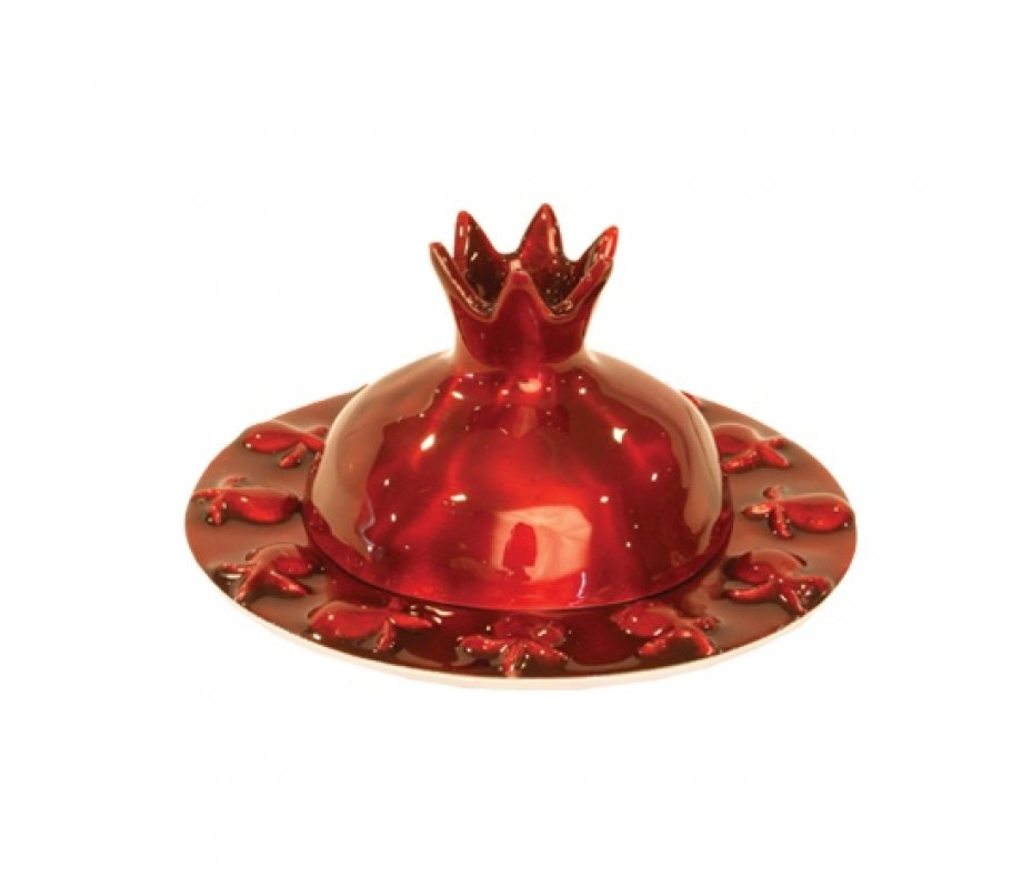 Ruby Red Anodized Aluminum Honey Dish with Pomegranate Cover - Yair Emanuel
