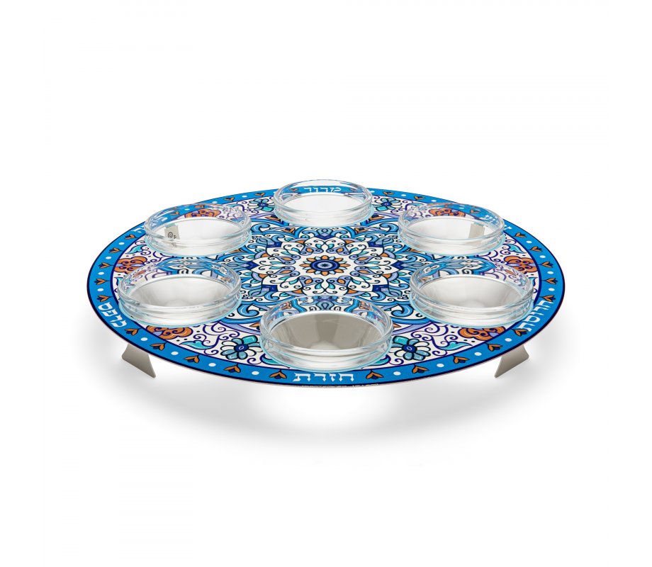 Seder Plate, Mandala Design with Glass Bowls - Blue and Orange - Dorit Judaica