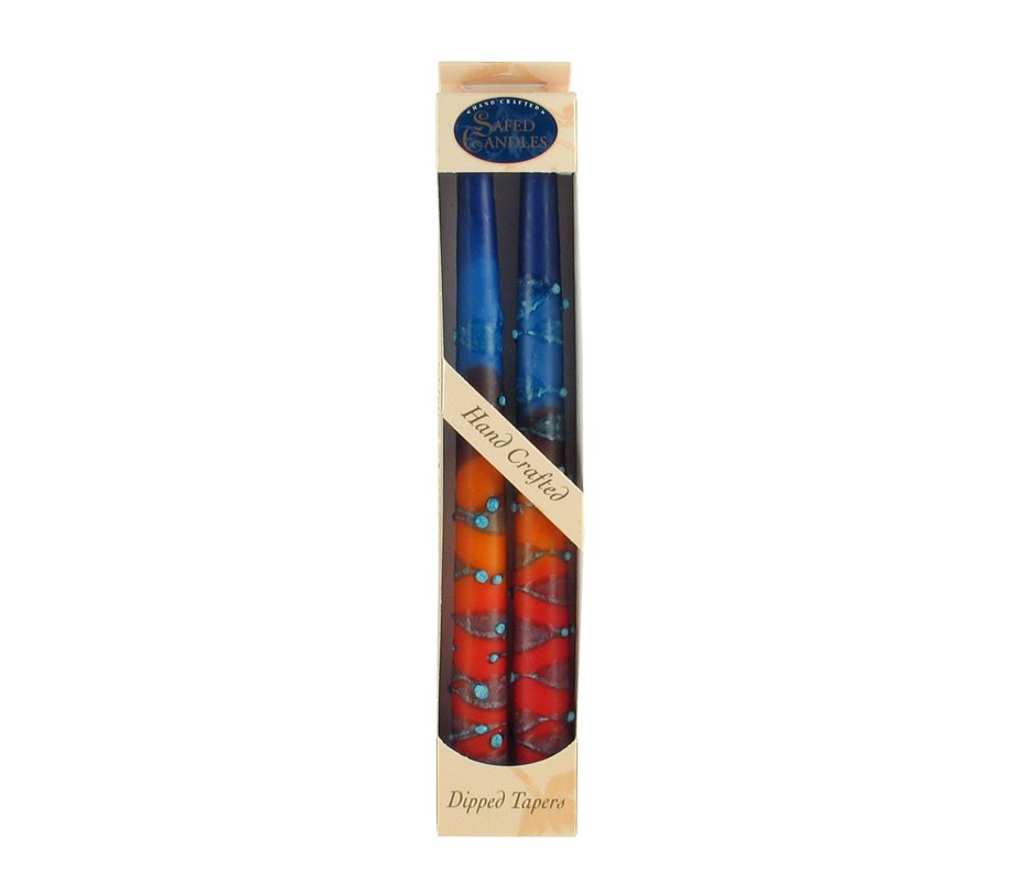 Set of Two Handcrafted Decorative Galilee Taper Candles - Blue, Red and Orange