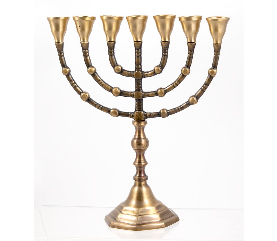 Seven Branch Menorah, Antique Look on Dark Gold Brass - Choose 12