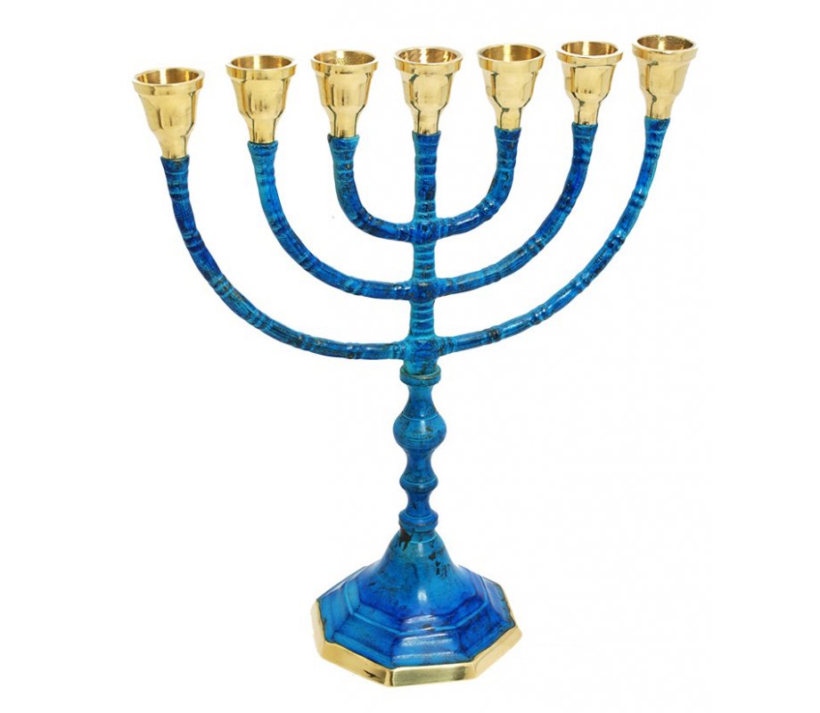 Seven Branch Menorah, Brass Covered with Gold and Deep Blue Patina – 10