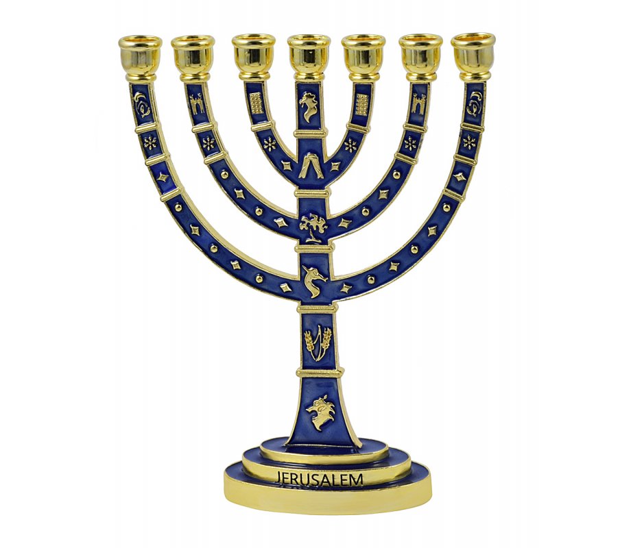 Seven Branch Menorah with Gold Judaic Decorations on Dark Blue Enamel – 9.5”