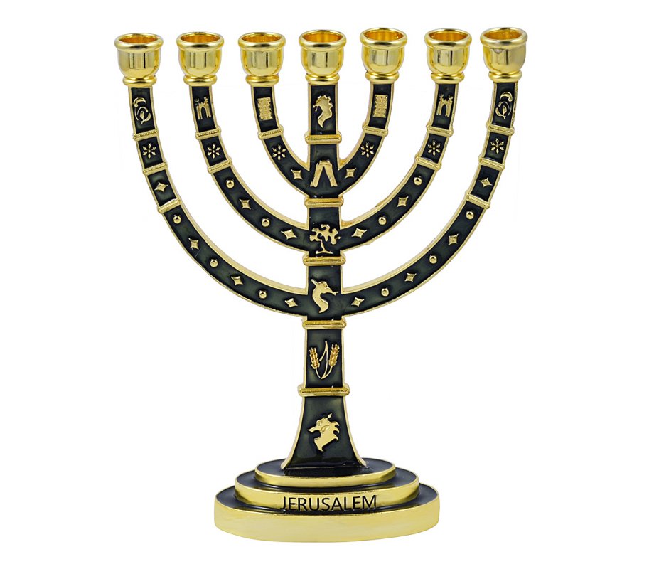 Seven Branch Menorah with Gold Judaic Images on Dark Green Enamel – 9.5”