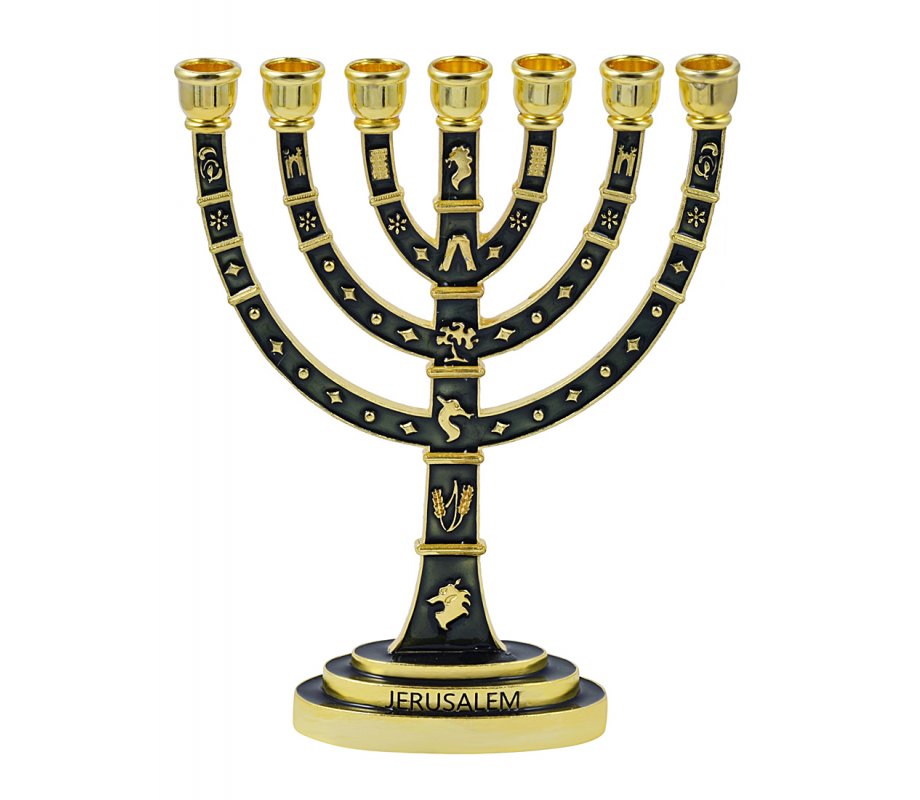Seven Branch Menorah with Gold Judaic Images on Dark Green Enamel – 9.5”