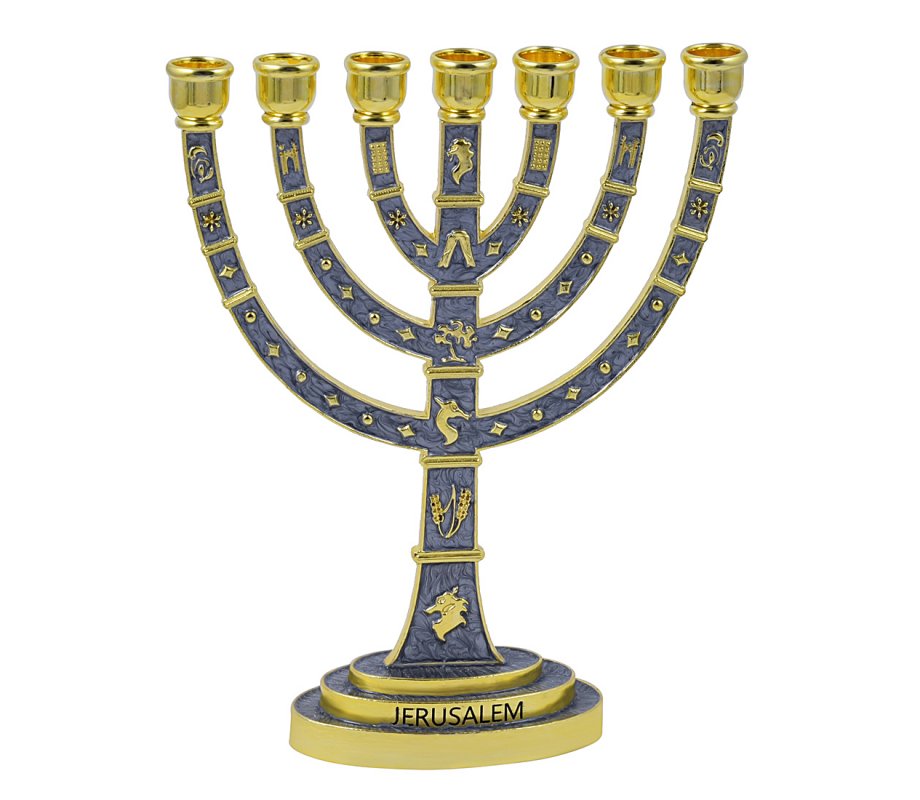 Seven Branch Menorah with Gold Judaic Images on Gray Enamel – 9.5”