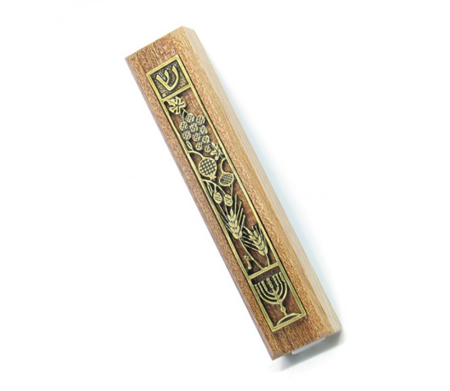 Seven Species Wood and Metal Mezuzah Case