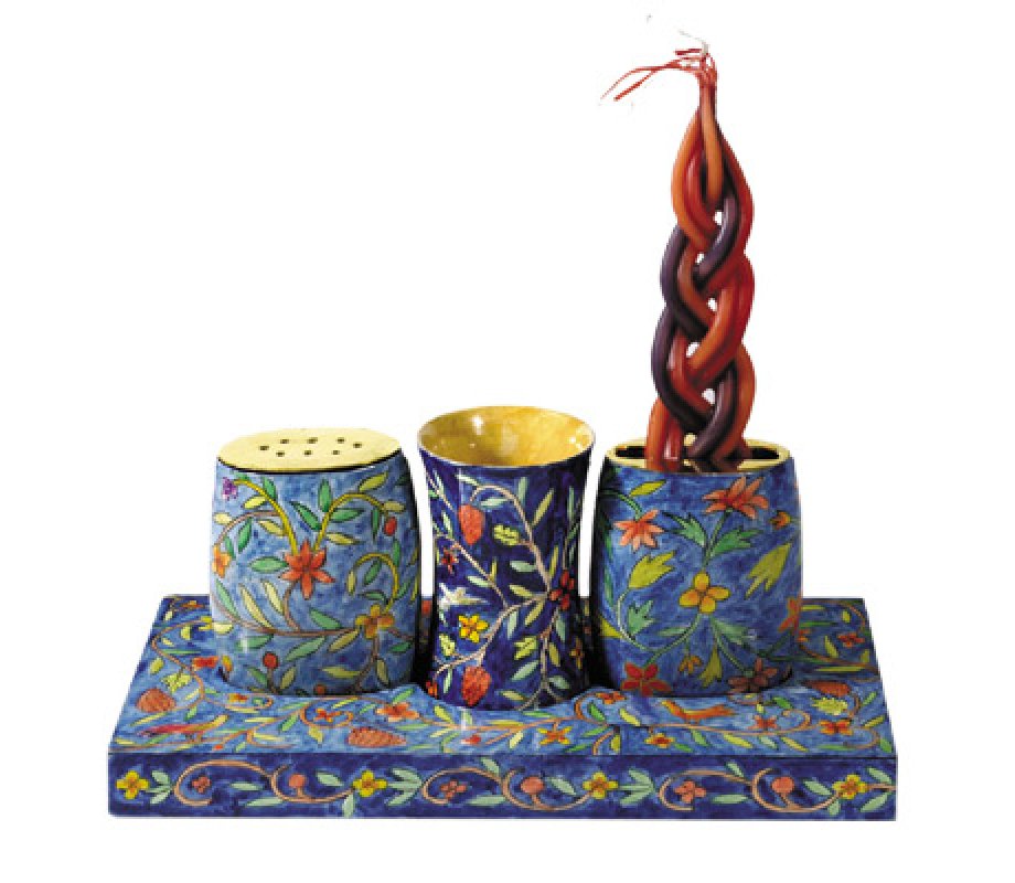 Shabbat Candles and Havdalah Set, Hand Painted Wood with Oriental Motif - Yair Emanuel