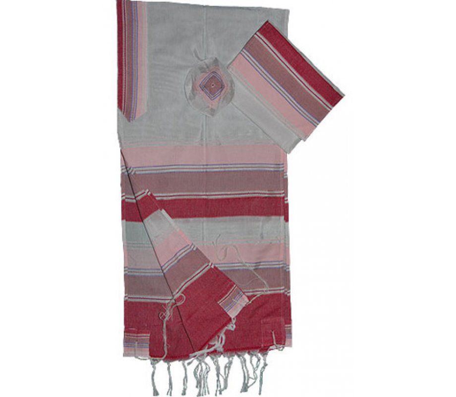 Shades of Pink Stripes Handwoven White Silk Prayer Shawl Tallit Set - Gabrieli