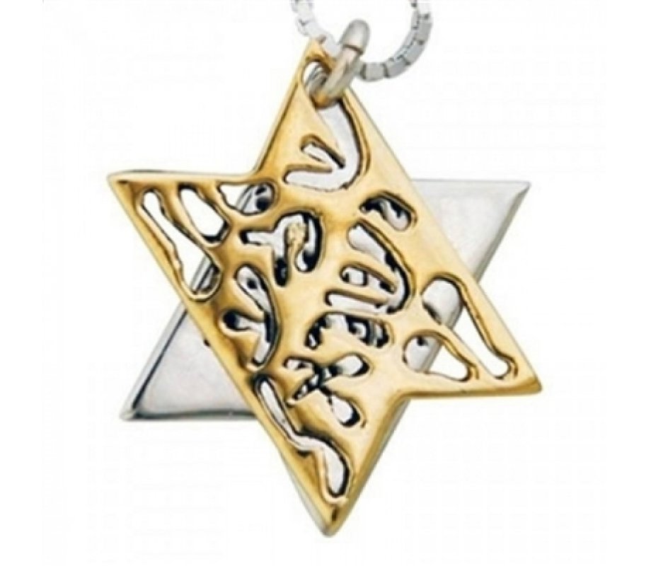 Shema Yisrael Star of David Two-Tone Pendant 9K Gold & Sterling Silver by HaAri Jewelry