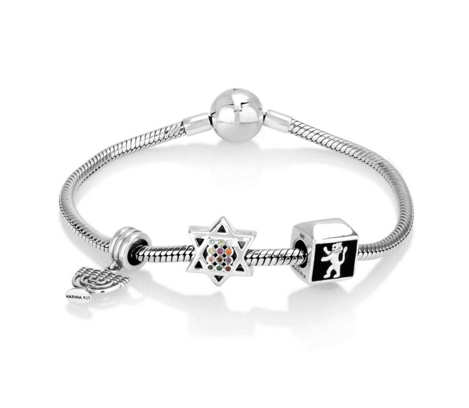 Silver Charm Bracelet with Menorah, Lion of Judah and Star of David