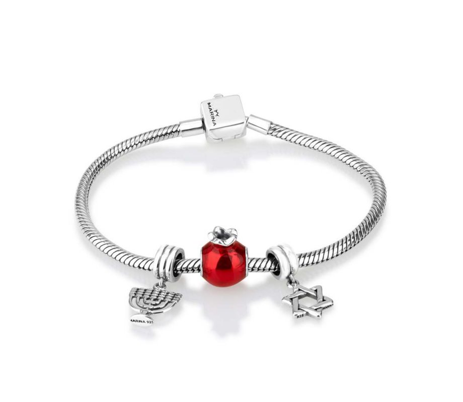 Silver Charm Bracelet with Menorah, Pomegranate and Star of David
