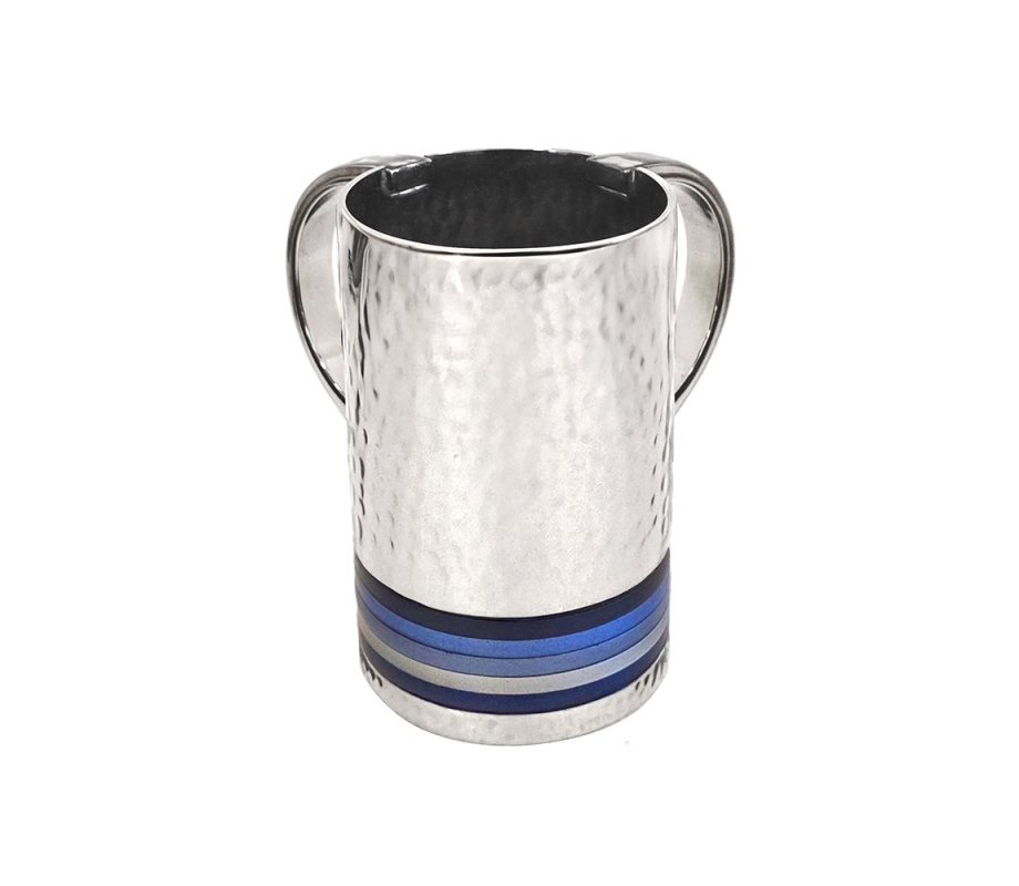Silver Color Hammered Netilat Yadayim Wash Cup, Blue Bands - Yair Emanuel