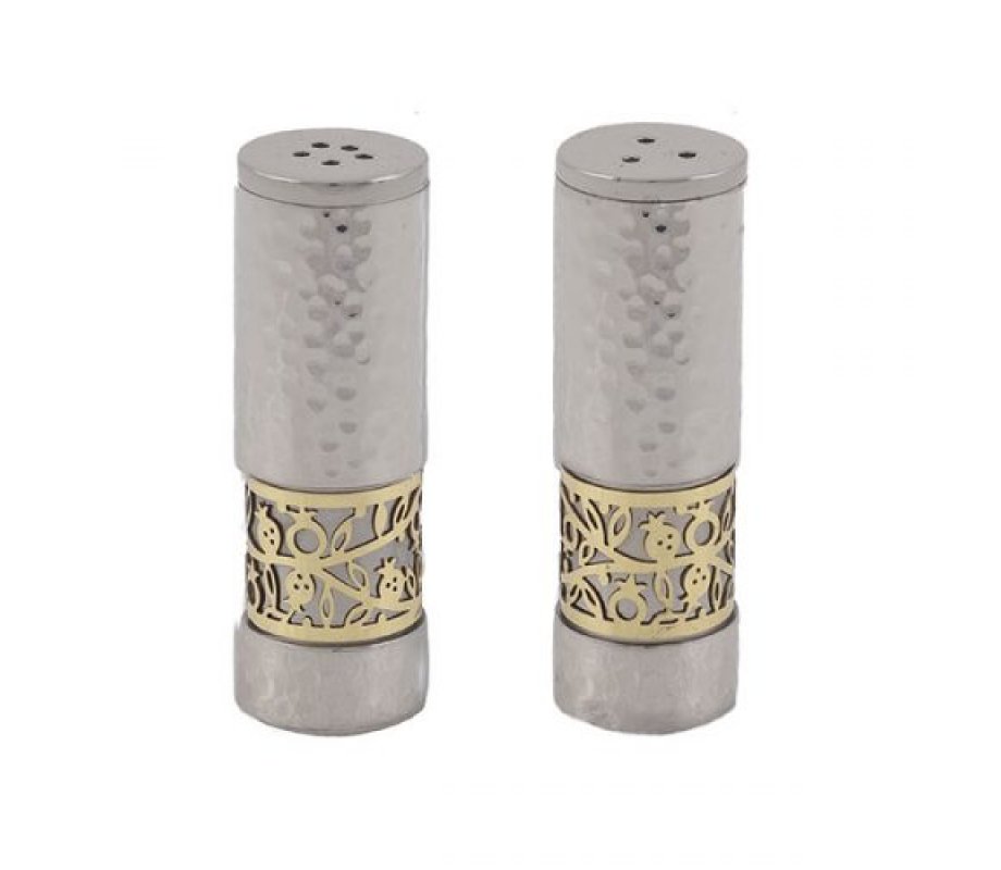 Silver Hammered Aluminum Salt & Pepper Set, Gold Pomegranate Band - Yair Emanuel