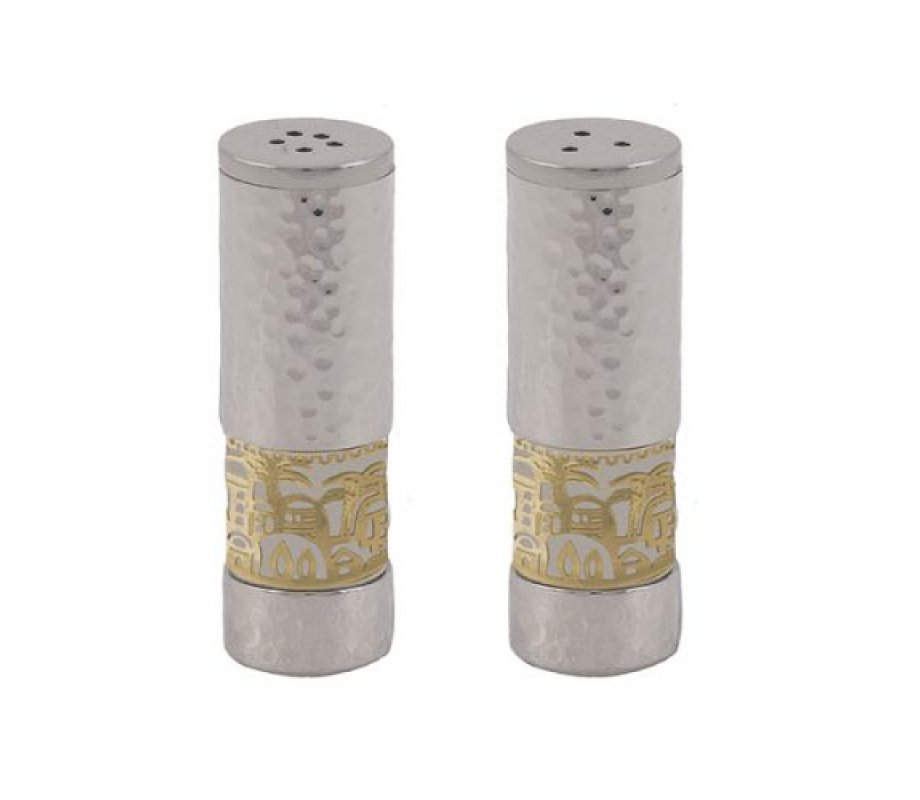Silver Hammered Aluminum Salt & Pepper Set with Gold Jerusalem Band - Yair Emanuel