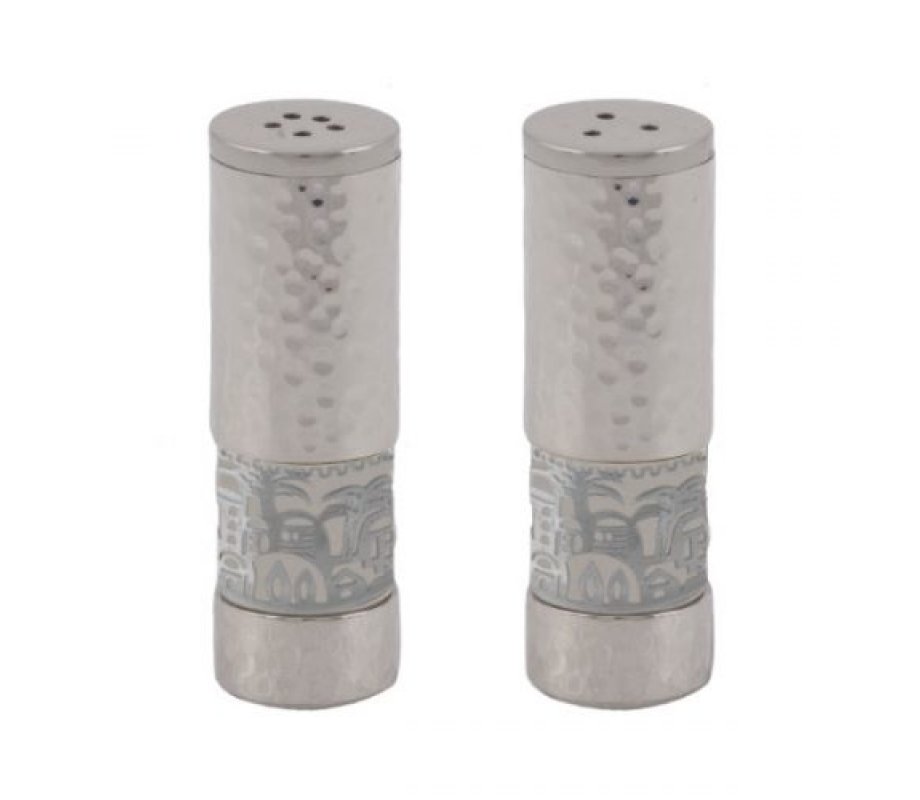 Silver Hammered Aluminum Salt and Pepper Set with Jerusalem Band - Yair Emanuel