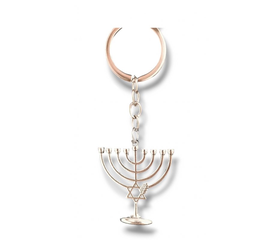 Silver Metal Key Chain with Hanging Star of David, Chanukah Menorah and Wheat Stalk