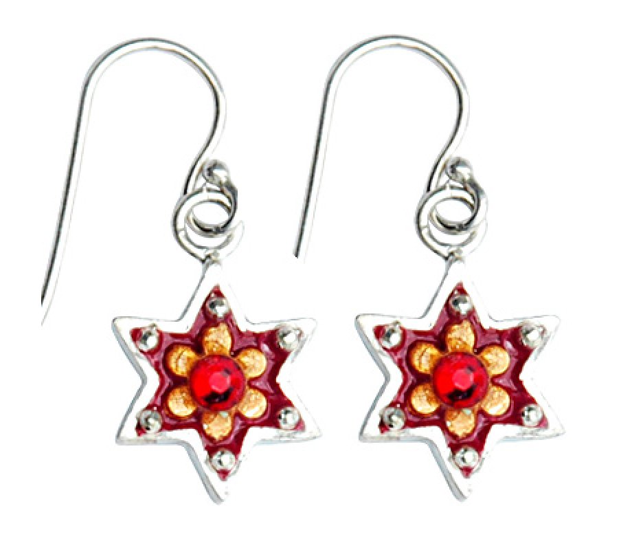 Silver Red Star of David Earrings - Ester Shahaf