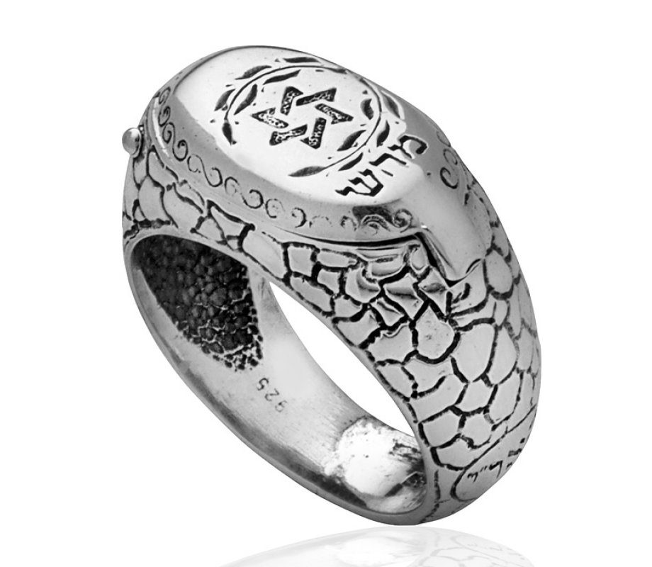 Silver Signet Snake Ring with Kabbalah Engravings and Secret Compartment - HaAri