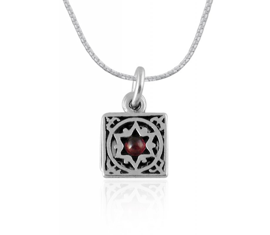 Silver Travelers Prayer and Garnet Star of David Pendant by Golan Studio