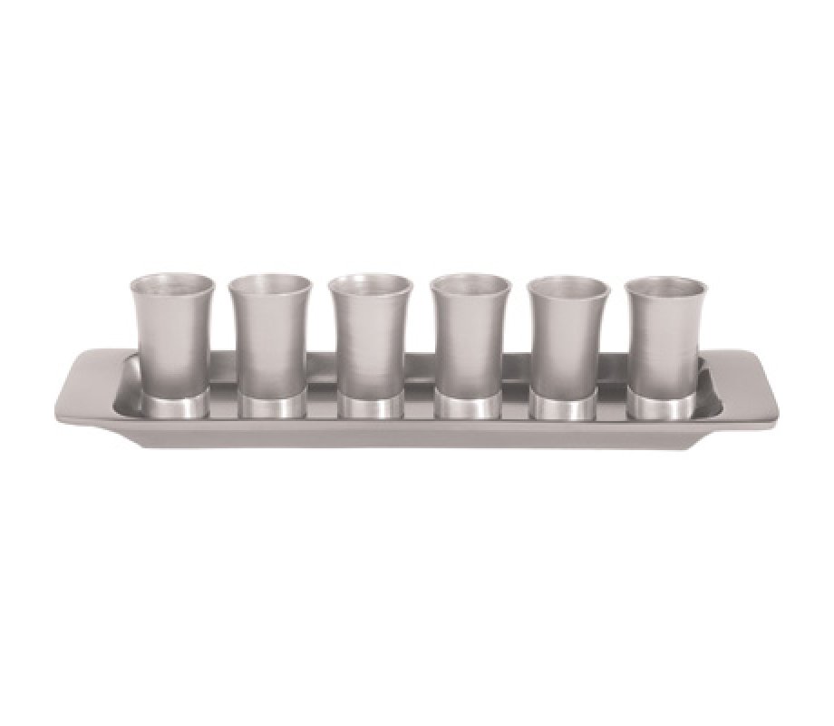 Six Anodized Aluminum Kiddush Cups and Tray, Metallic Colors - Yair Emanuel