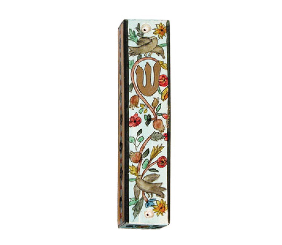 Small Hand Painted Wood Mezuzah Case, Birds and Pomegranates - Yair Emanuel