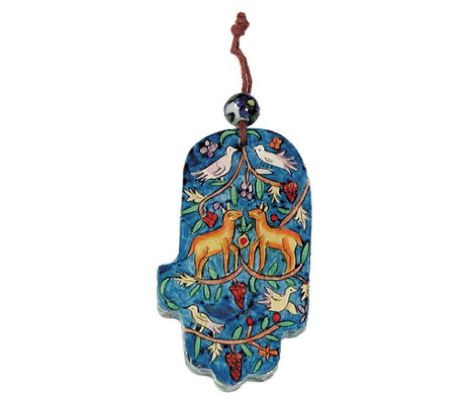 Small Handpainted Blue Wood Wall Hamsa, Nature Scenes - Yair Emanuel