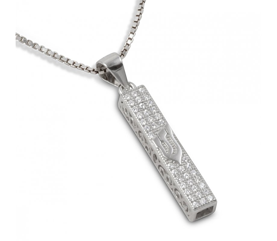 Small Square Mezuzah Necklace Pendant in Sterling Silver