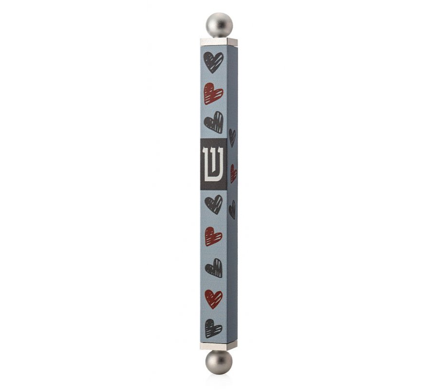 Square Tube Mezuzah Case with Knobs, Hearts on Gray Design - Dorit Judaica