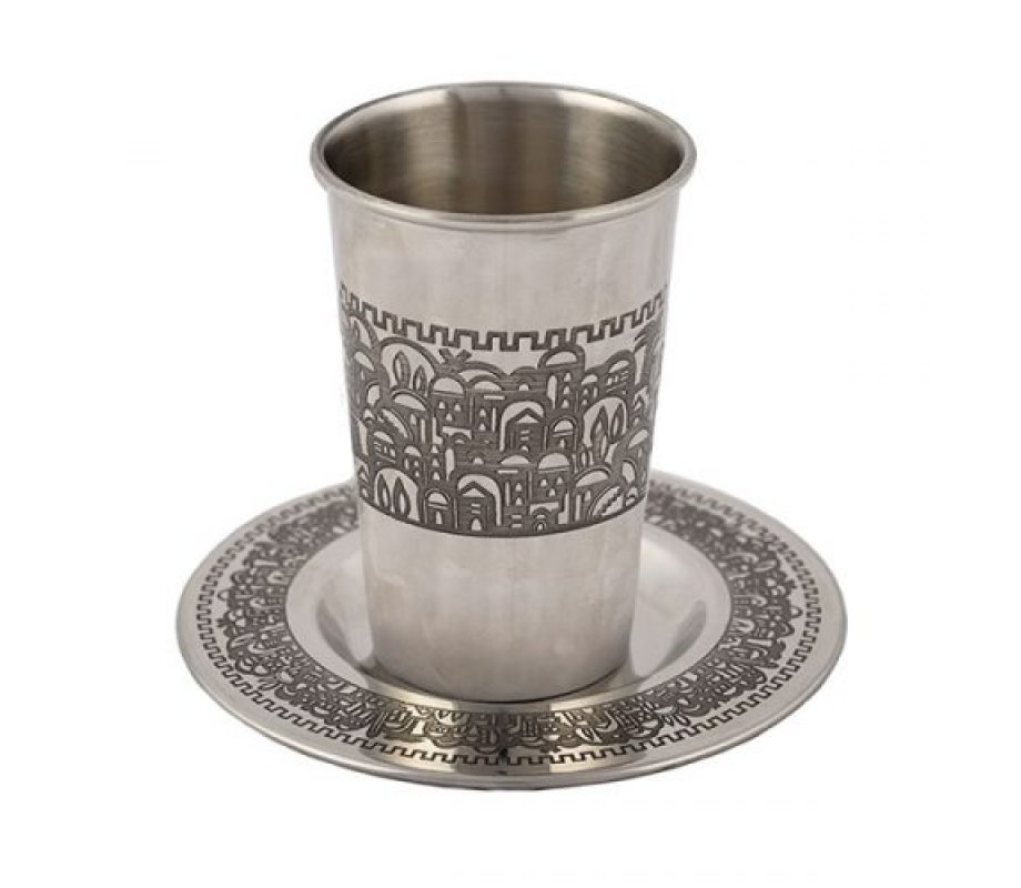 Stainless Steel Kiddush Cup and Saucer, Jerusalem - Yair Emanuel