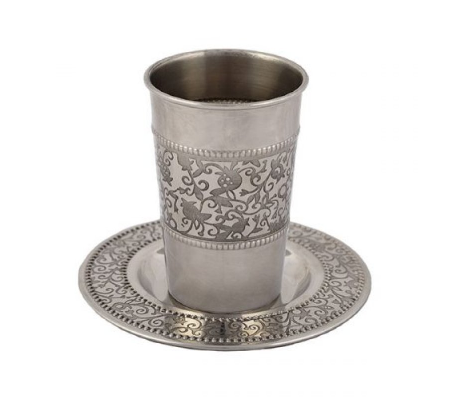 Stainless Steel Kiddush Cup and Saucer, Pomegranates - Yair Emanuel