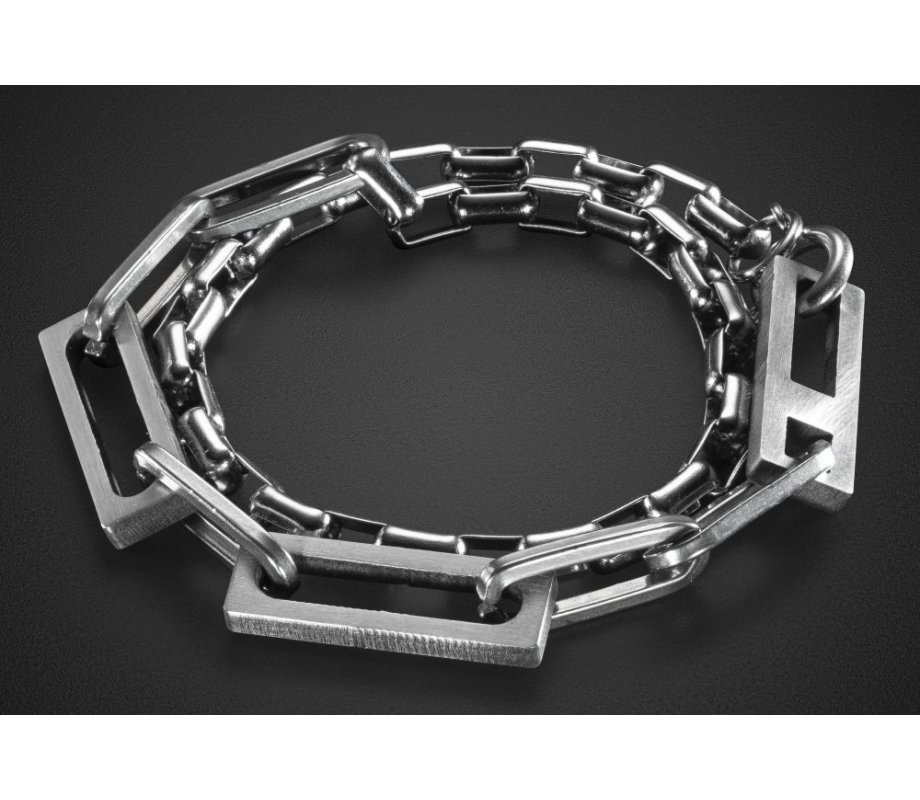 Stainless Steel Man's Bracelet Various Sized Links on Double Chain