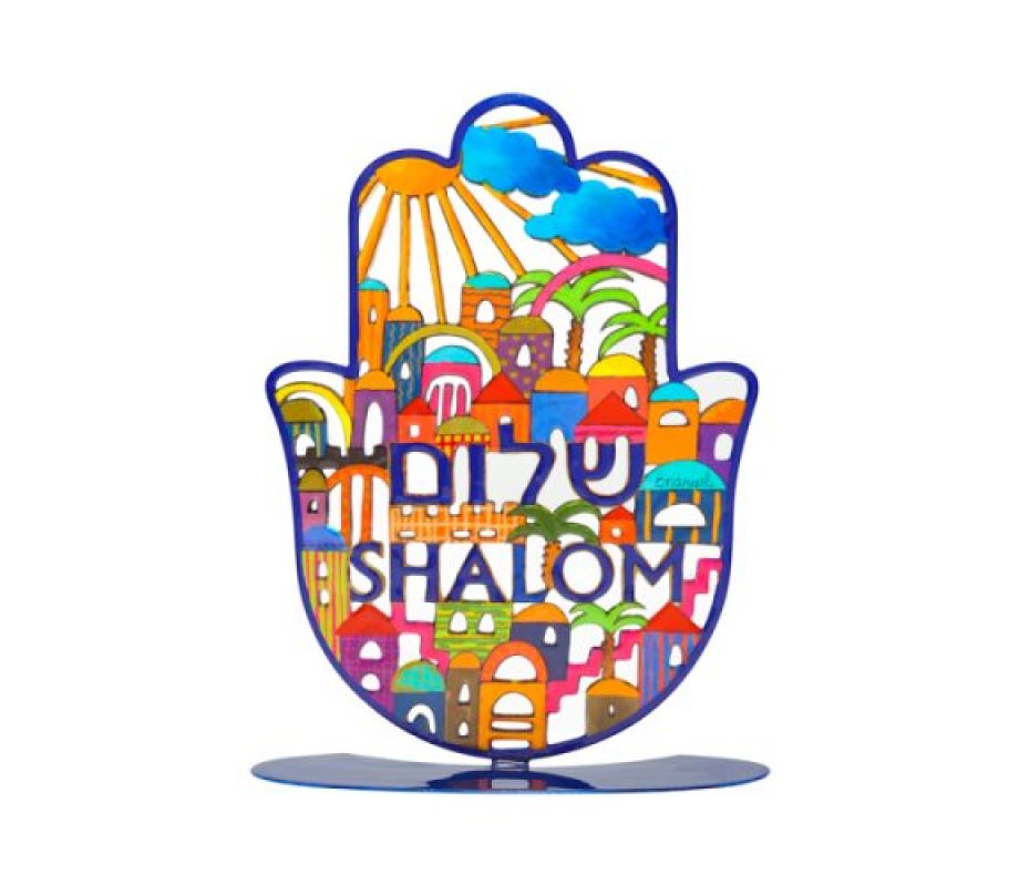 Standing Hamsa with Jerusalem Design & Shalom in Hebrew & English – Yair Emanuel