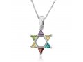 Star of David Pendant with Colored Stones in Corners � Sterling Silver Necklace