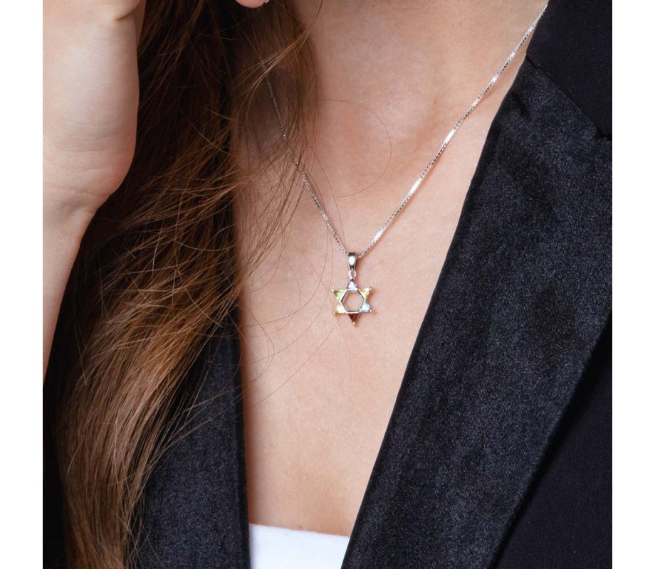 Star of David Pendant with Colored Stones in Corners – Sterling Silver Necklace