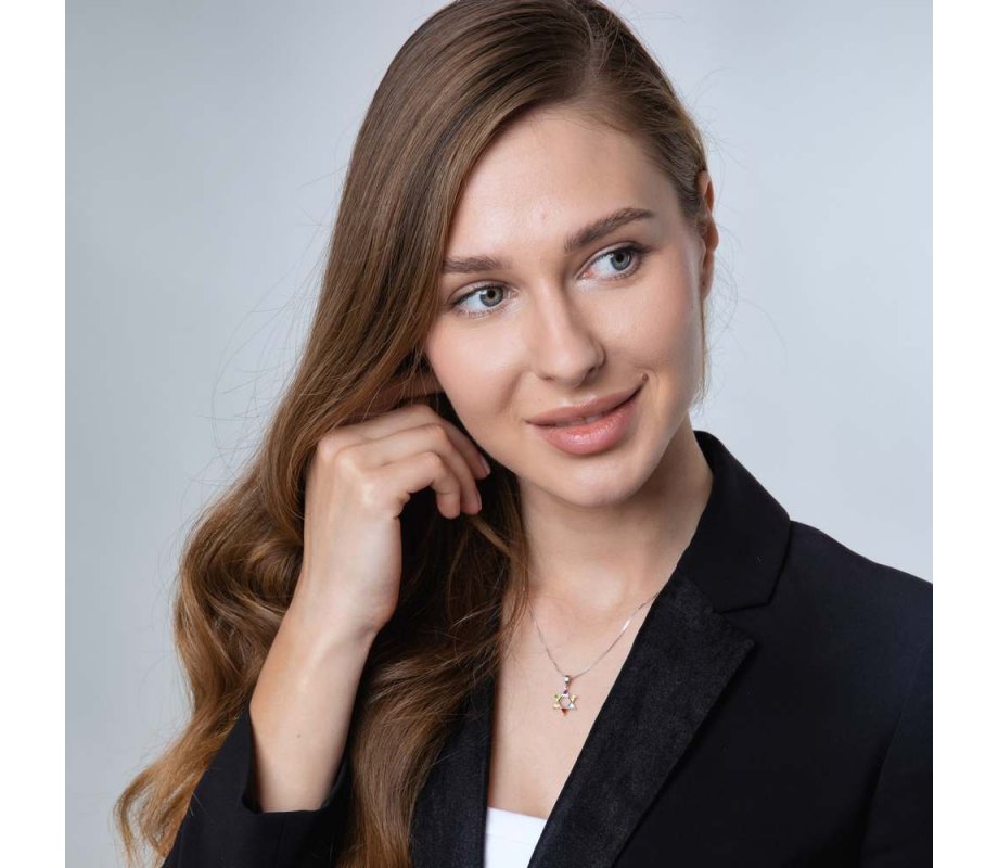 Star of David Pendant with Colored Stones in Corners – Sterling Silver Necklace