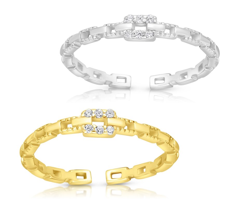 Sterling Silver Adjustable Ring with Zircons, Links Design - Choose Gold or Silver