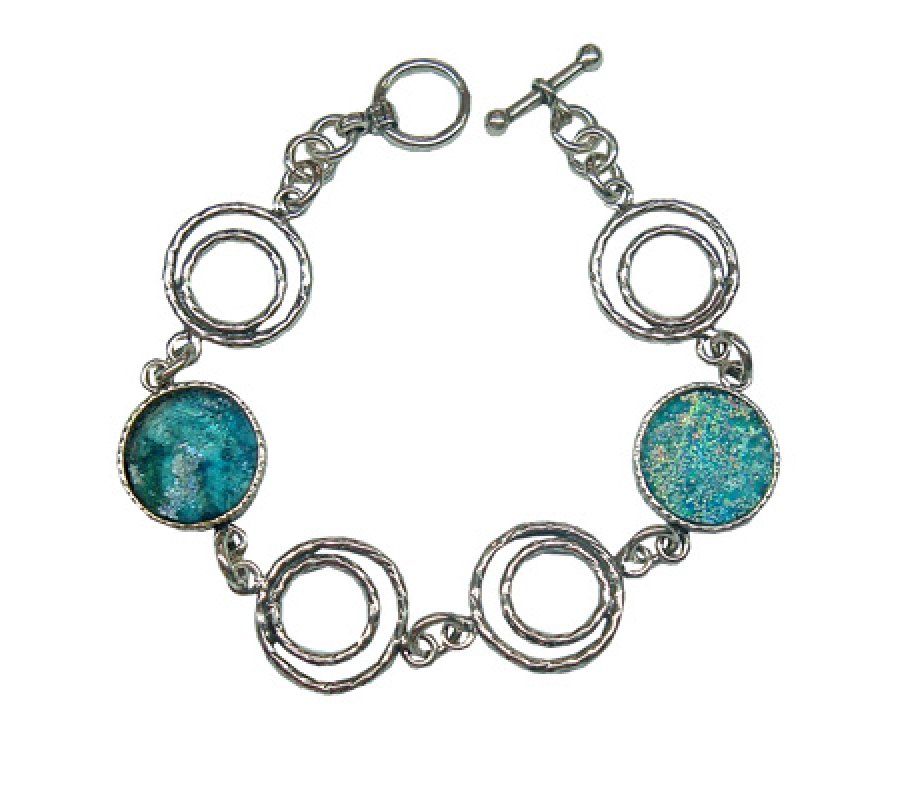 Sterling Silver Bracelet, Circular Roman Glass Shards and Coil Links - Michal Kirat
