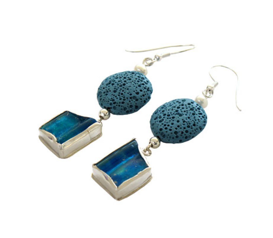 Sterling Silver Dangle Earrings with Roman Glass and Blue Lava Beads - Michal Kirat