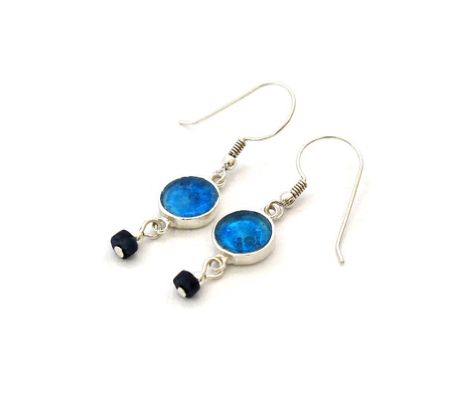 Sterling Silver Dangle Earrings with Roman Glass and Dumortierite Beads - Michal Kirat