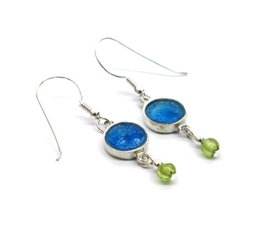 Sterling Silver Dangle Earrings with Roman Glass and Peridot Beads - Michal Kirat