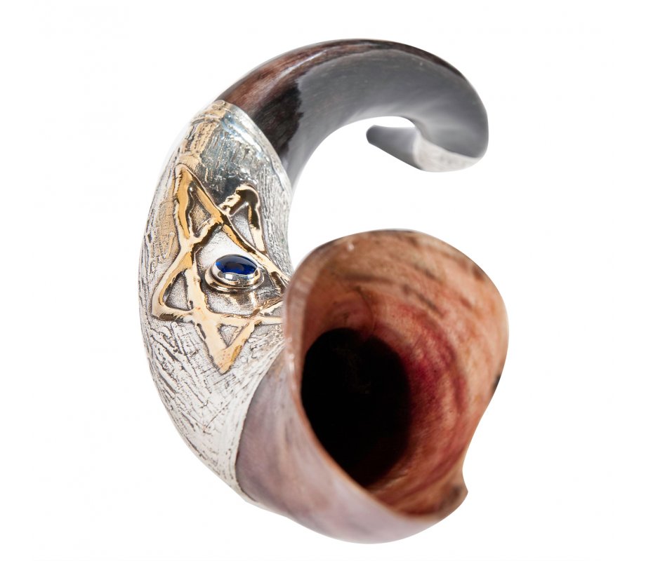 Sterling Silver Decorated Yemenite Shofar - Blue Stone